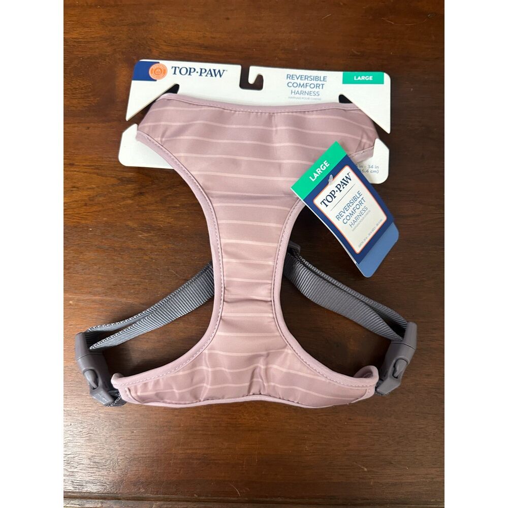 Top Paw Reversible Comfort Dog Harness Large Pink Gray Stripe Adjustable NWT